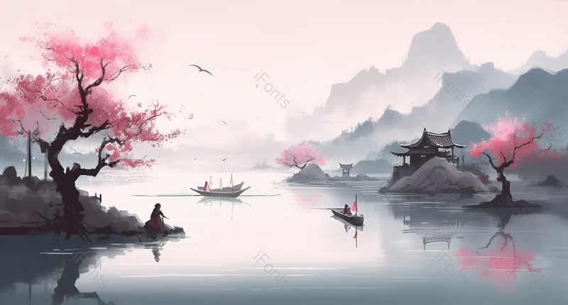 划船新中式水彩山水背景图,插画/手绘图,插画/手绘图库,插画/手绘图下载,插画/手绘